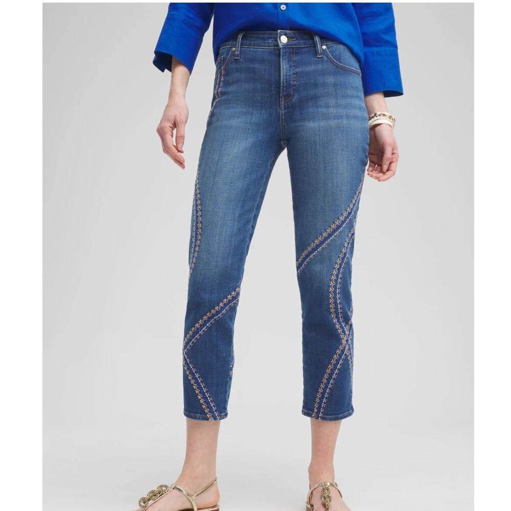 Chico's So Slimming Girlfriend Embroidered Crop Jeans Size 2 US 12 NEW NWT
